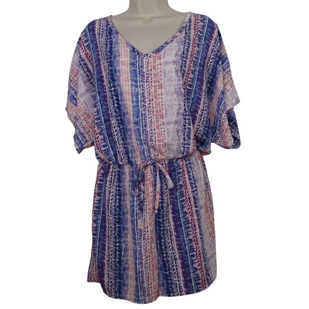 Bibi Stripe Multicolor Short Sleeve V-Neck Romper Women Size M Tie Waist Keyhole
